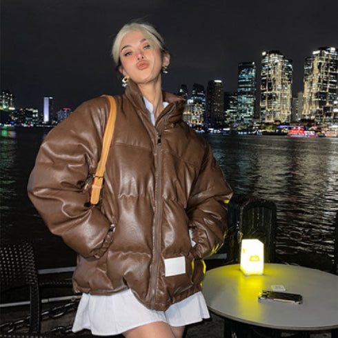 Winter Stand Collar Zipper Brown Parka Jacket Women - ROUTINE FASHION